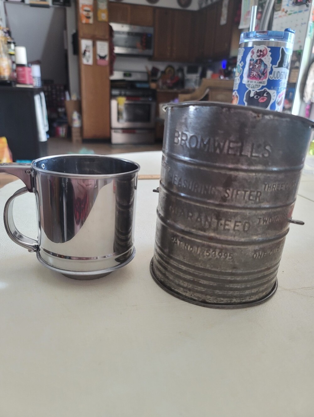 Vintage 1930s Jacob Bromwell Flour Sifter & Stainless Steel Squeeze Sifter Lot